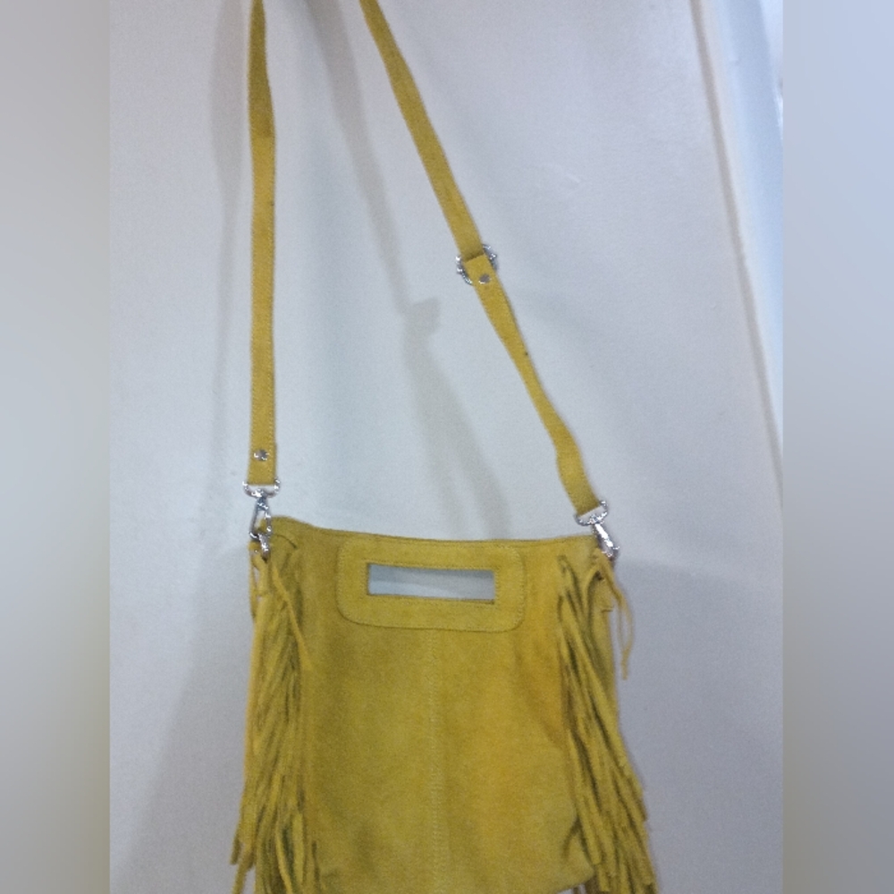 Embroidered Yellow Crossbody Bag with Fringe - Picture 12 of 14